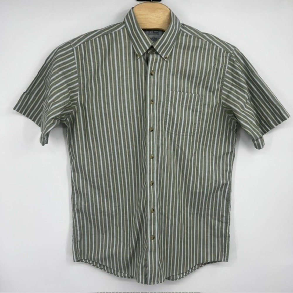 LL Bean Men's Large Tall Short Sleeve Green Striped Button Down Shirt